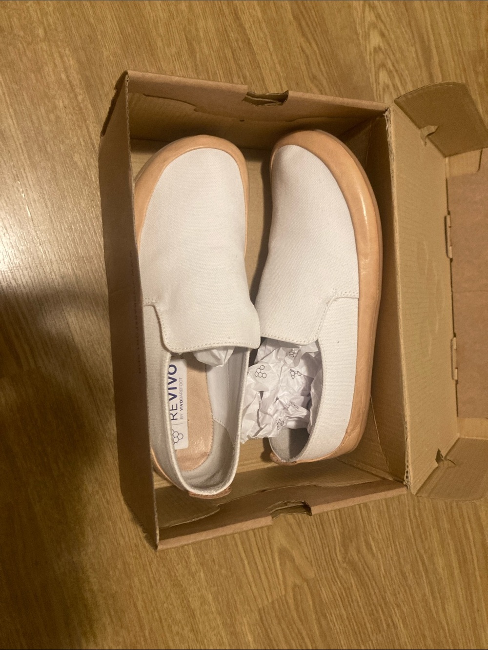 Vivobarfoot Revivo White Canvas Slip-On Shoes with Tan Sole